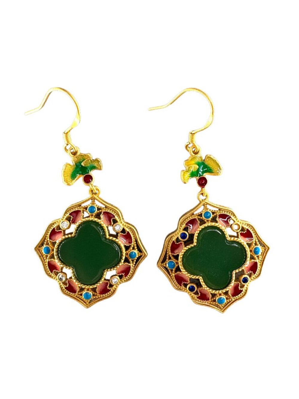 Palace Style 24K Gold Plated Stainless Steel Enamel Clover Earrings 50x25mm